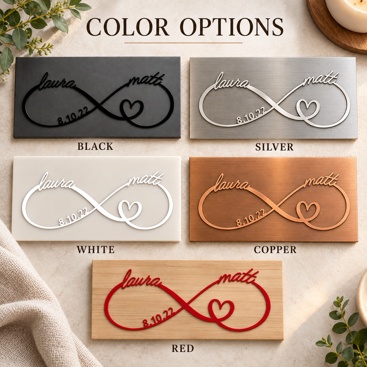 Color options chart showing the infinity sign in black, silver, white, copper, and red finishes, each personalized with the same names and date