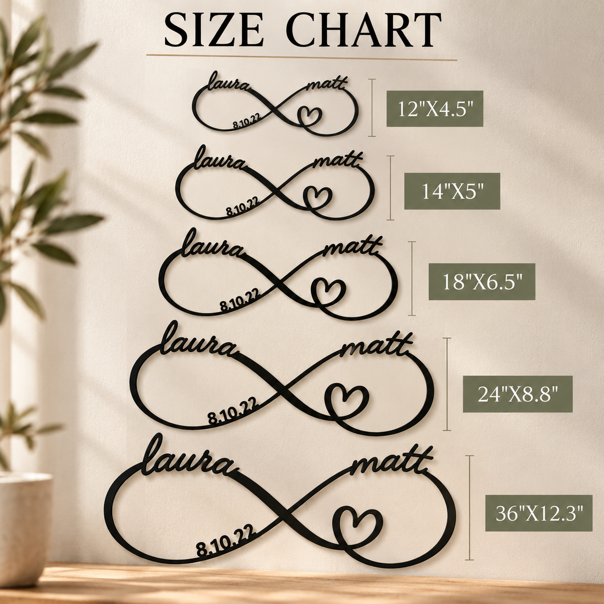 Size chart showing the infinity sign in five sizes from 12 by 4.5 inches to 36 by 12.3 inches, each personalized with the same names and date