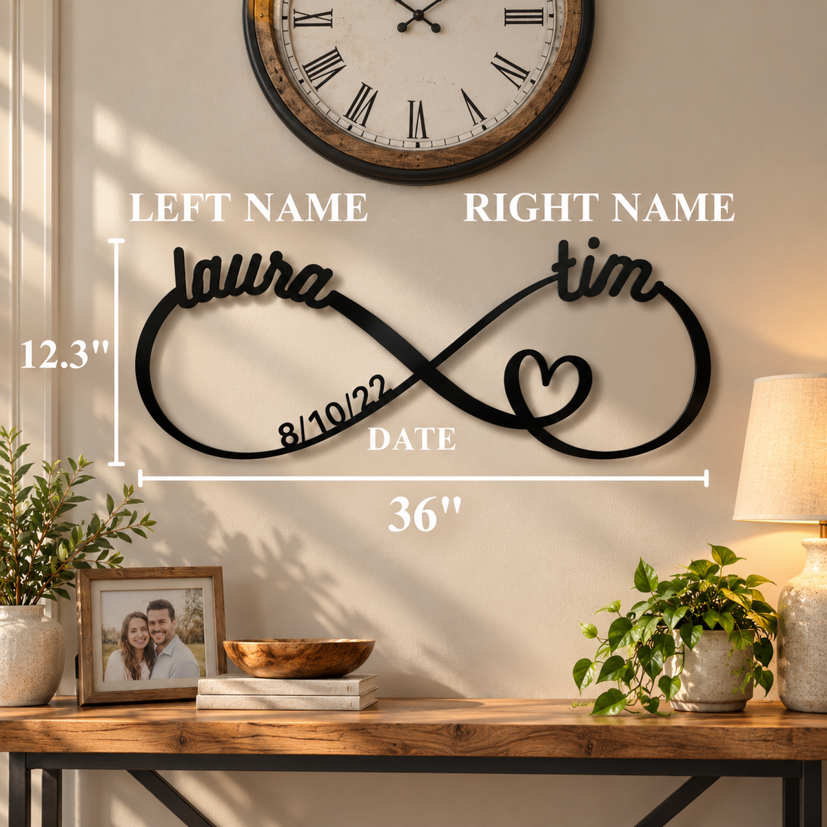 Infographic labeling the left name, right name, and date positions on the infinity sign, with dimensions 36 inches wide by 12.3 inches tall