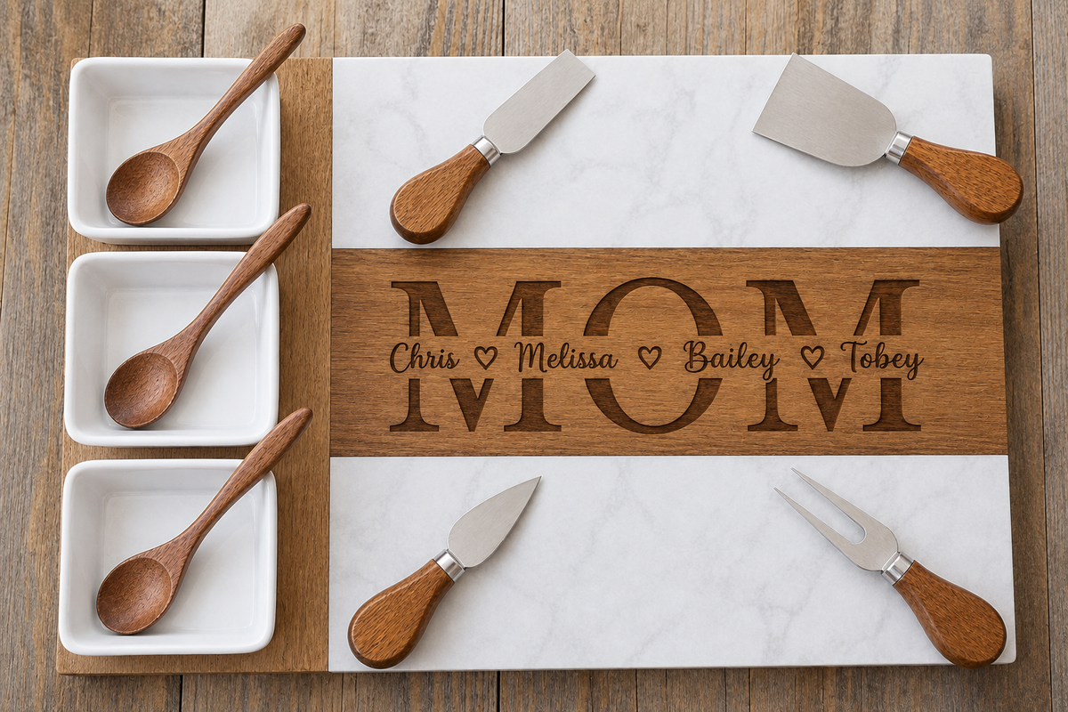 Engraved wooden charcuterie board with "MOM" and sample personalization "Chris ♥ Melissa ♥ Bailey ♥ Tobey," paired with wooden spoons and marble and wood cheese knives.
