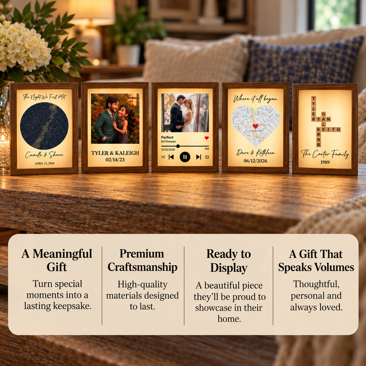Five personalized Groovy Girl Gifts products displayed together on a shelf: a star map, a portrait sign, a song plaque, a heart-shaped map, and a family name scrabble sign.
