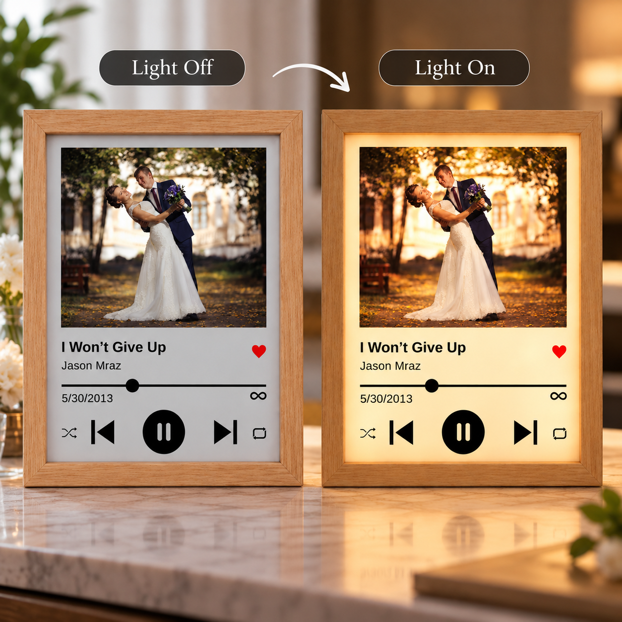 Side-by-side comparison of the song plaque with its LED light off and on, showing a wedding photo with "I Won't Give Up" by Jason Mraz and the date 5/30/2013.