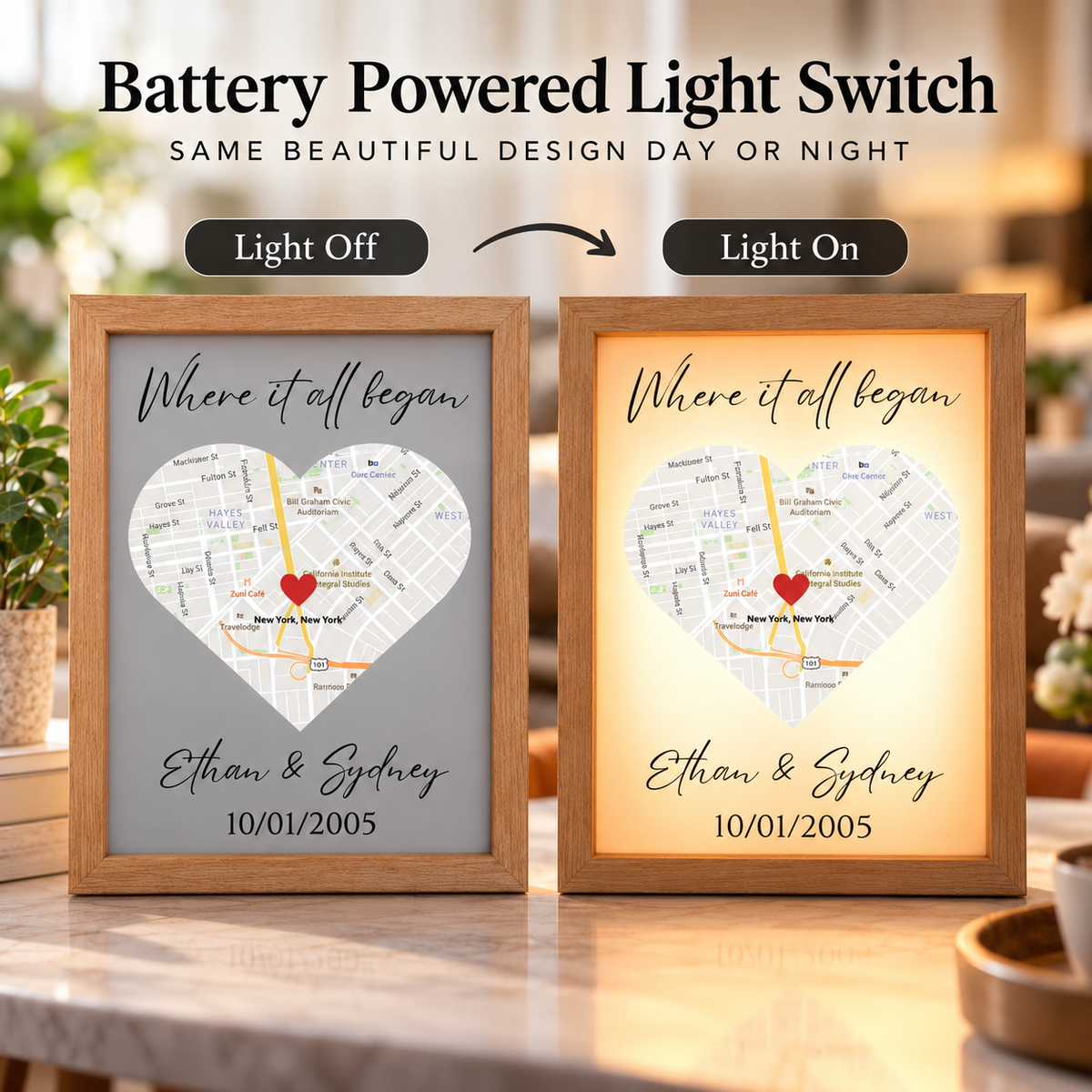 Illuminated framed map with sample text "Where it all began" and couple names, heart marker, and date, shown with light off and on using battery-powered switch