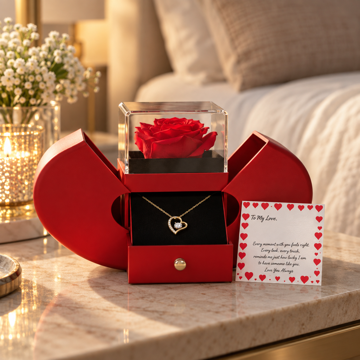 A red heart-shaped jewelry gift box open on a nightstand beside a candle and white flowers, with a gold heart pendant necklace and a personalized message card inside.