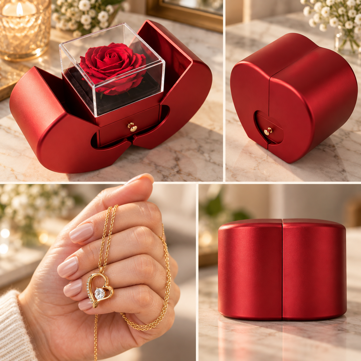 Collage showing the red heart-shaped gift box closed from two angles, a hand holding the gold heart pendant necklace, and the box's rounded red packaging on a marble counter.