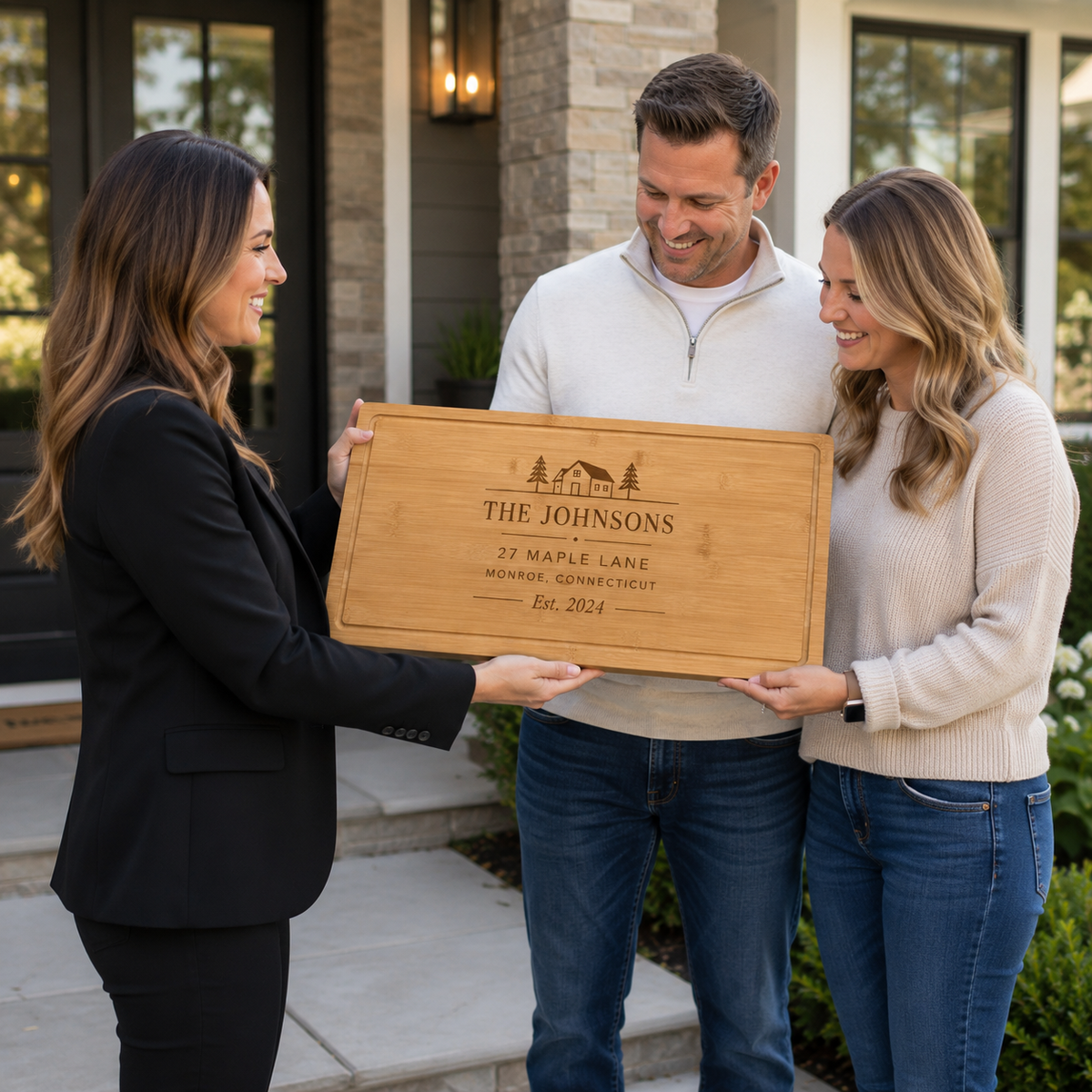 A realtor in a black blazer hands a personalized bamboo closing gift board engraved 'The Johnsons, 27 Maple Lane' to a smiling couple in front of their new home.