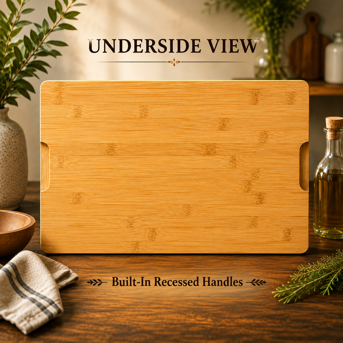 Underside view of the personalized bamboo hostess charcuterie board, showing the built-in recessed handles carved into each end for easy lifting and carrying when serving.