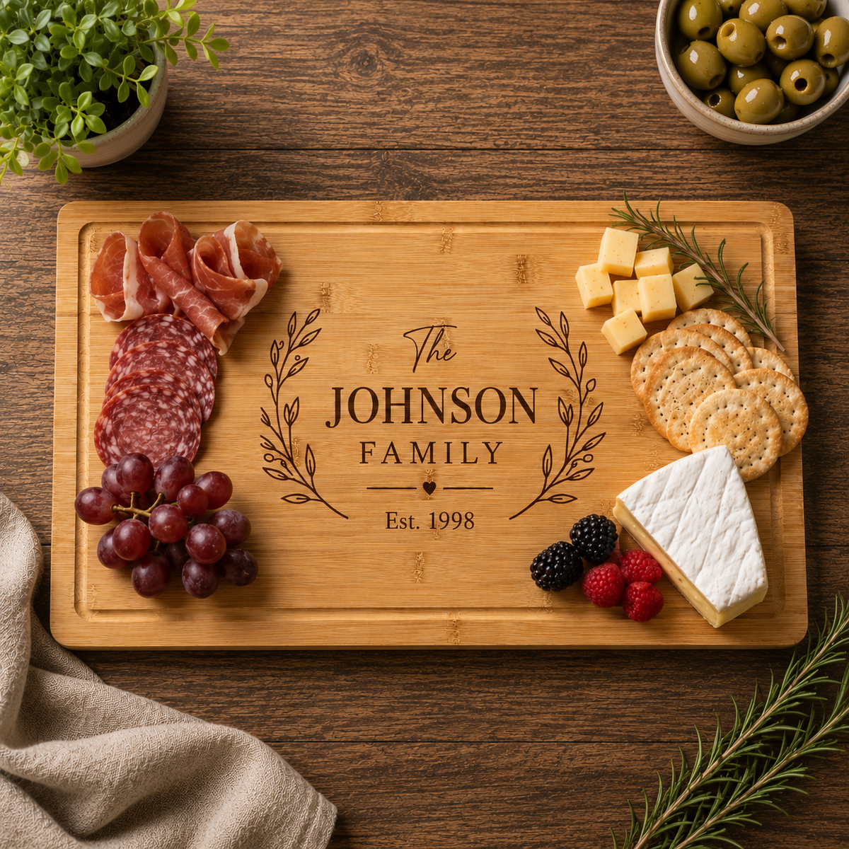 Wooden charcuterie board engraved with "The JOHNSON FAMILY Est. 1998" surrounded by decorative laurel branches, arranged with cured meats, cheeses, crackers, and fresh berries.