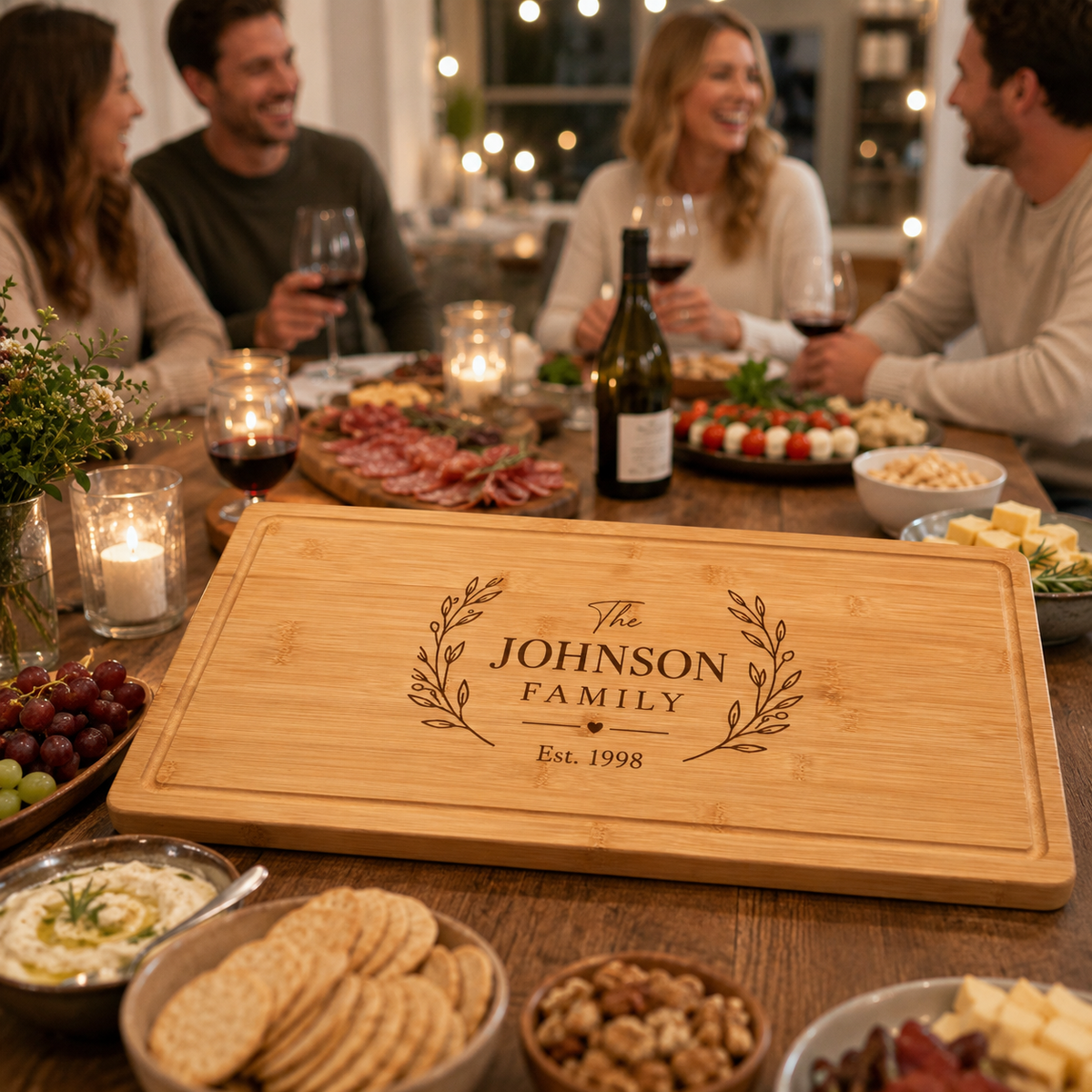 Engraved wooden charcuterie board with "The JOHNSON FAMILY" and "Est. 1998" surrounded by leaf wreath design, displayed on table with cheese, charcuterie, and appetizers.