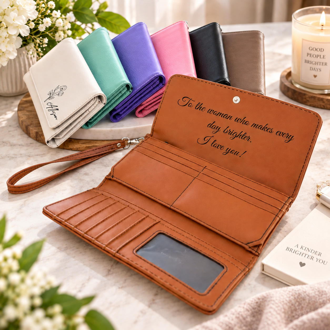 Mom's Birth Flower Personalized Leather Wristlet