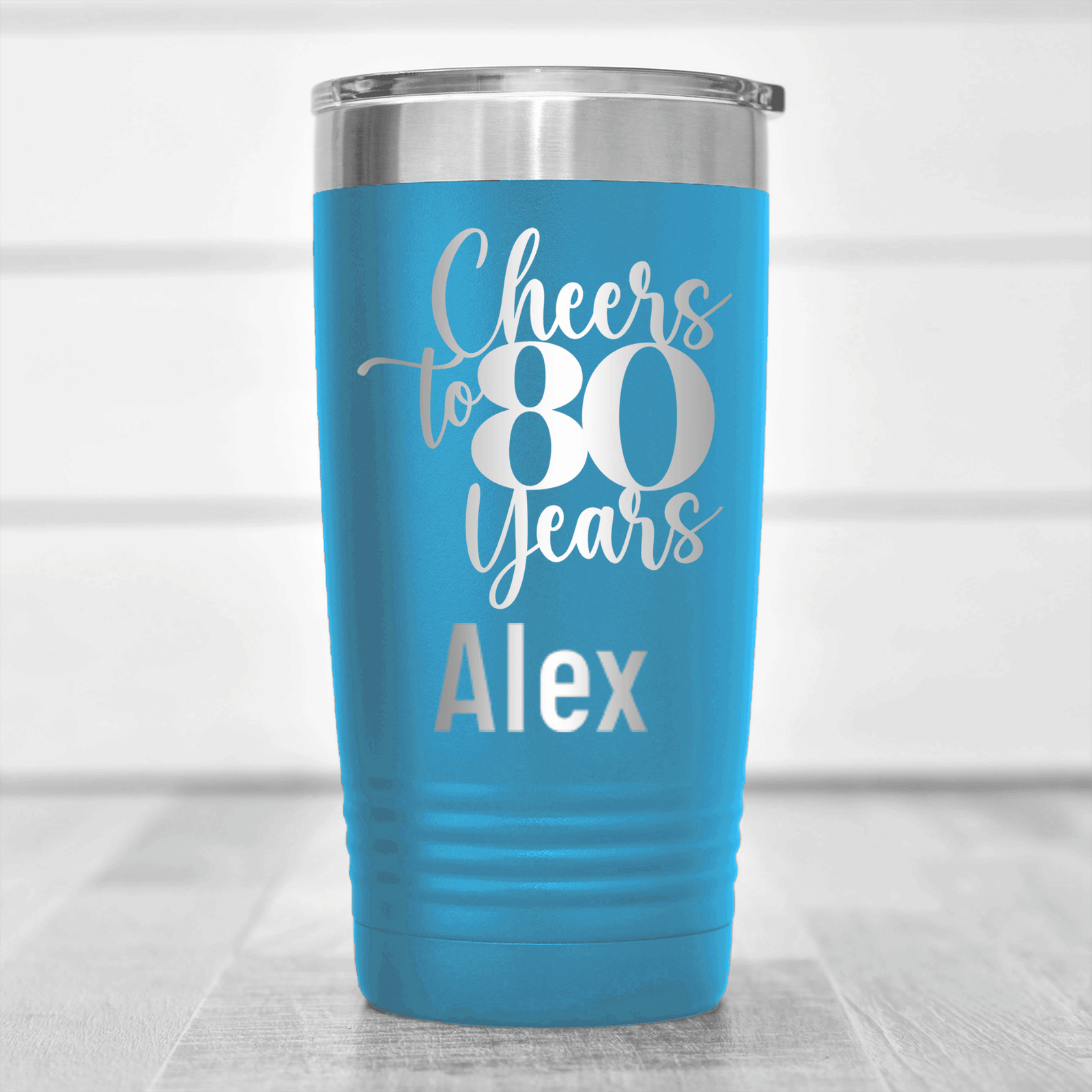 Light Blue Birthday Tumbler With Cheers To Eighty Years Design