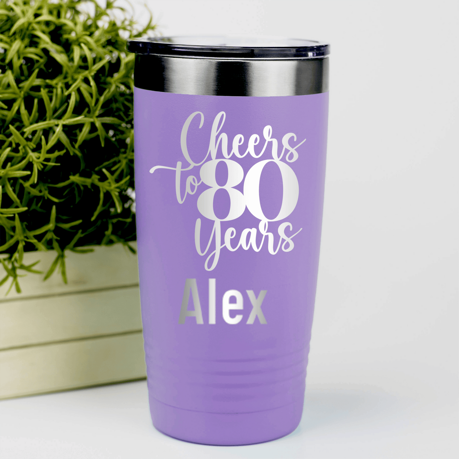 Light Purple Birthday Tumbler With Cheers To Eighty Years Design