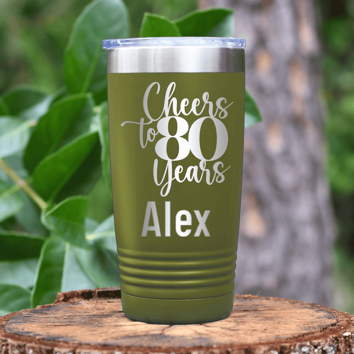 Military Green Birthday Tumbler With Cheers To Eighty Years Design