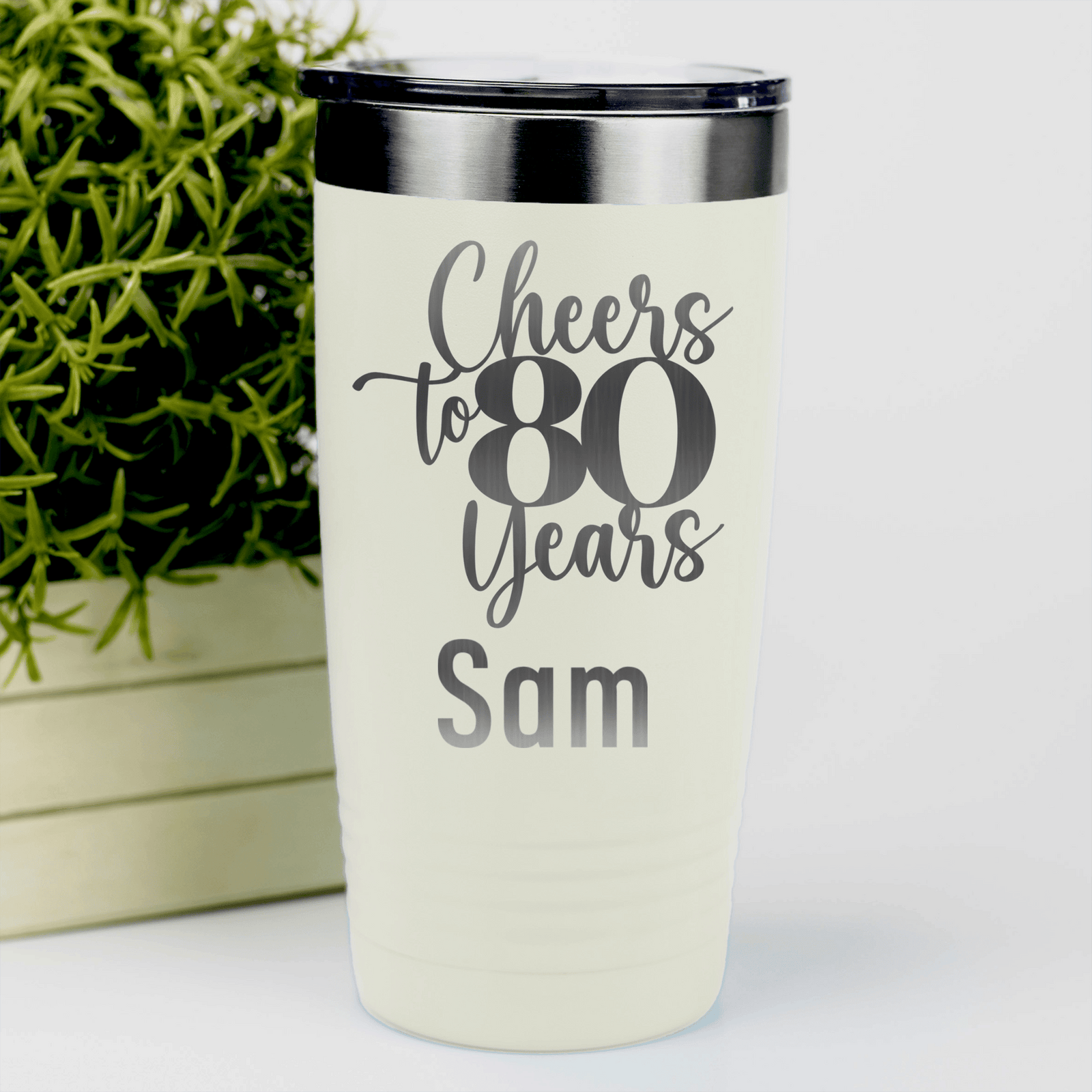 White Birthday Tumbler With Cheers To Eighty Years Design