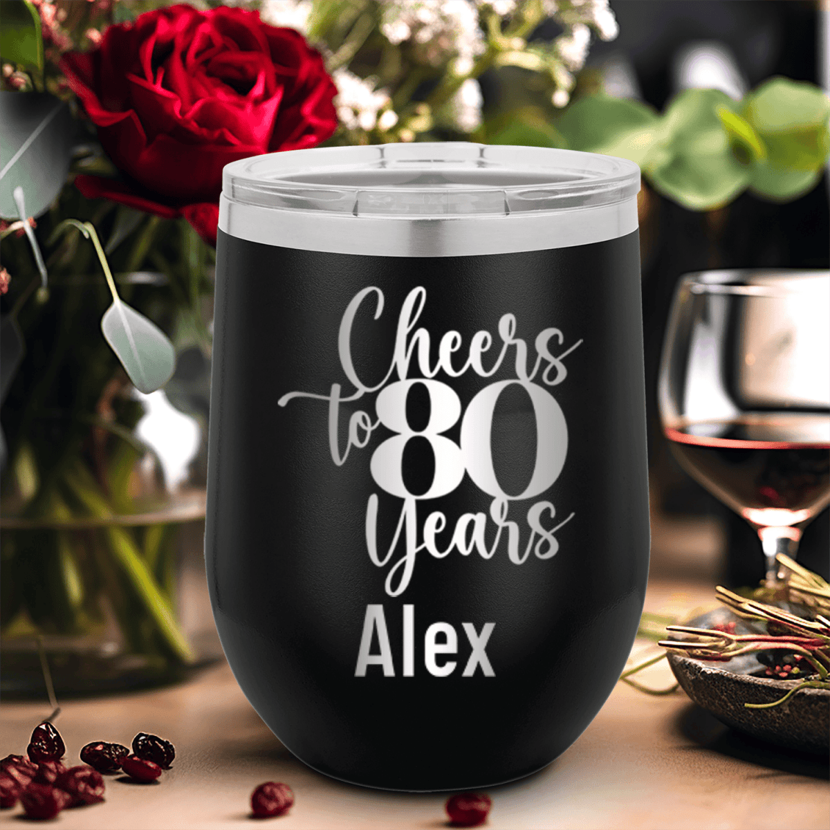 Personalized Cheers To Eighty Years Wine Tumbler for her, Customized Gifts for Women by Groovy Girl Gifts