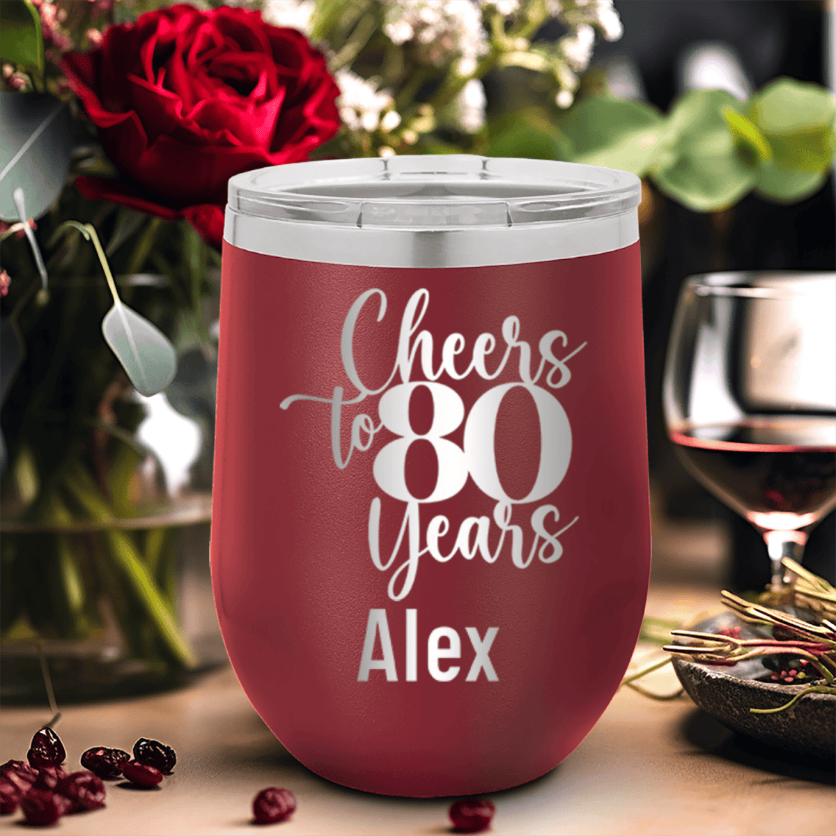 Personalized Cheers To Eighty Years Wine Tumbler for her, Customized Gifts for Women by Groovy Girl Gifts