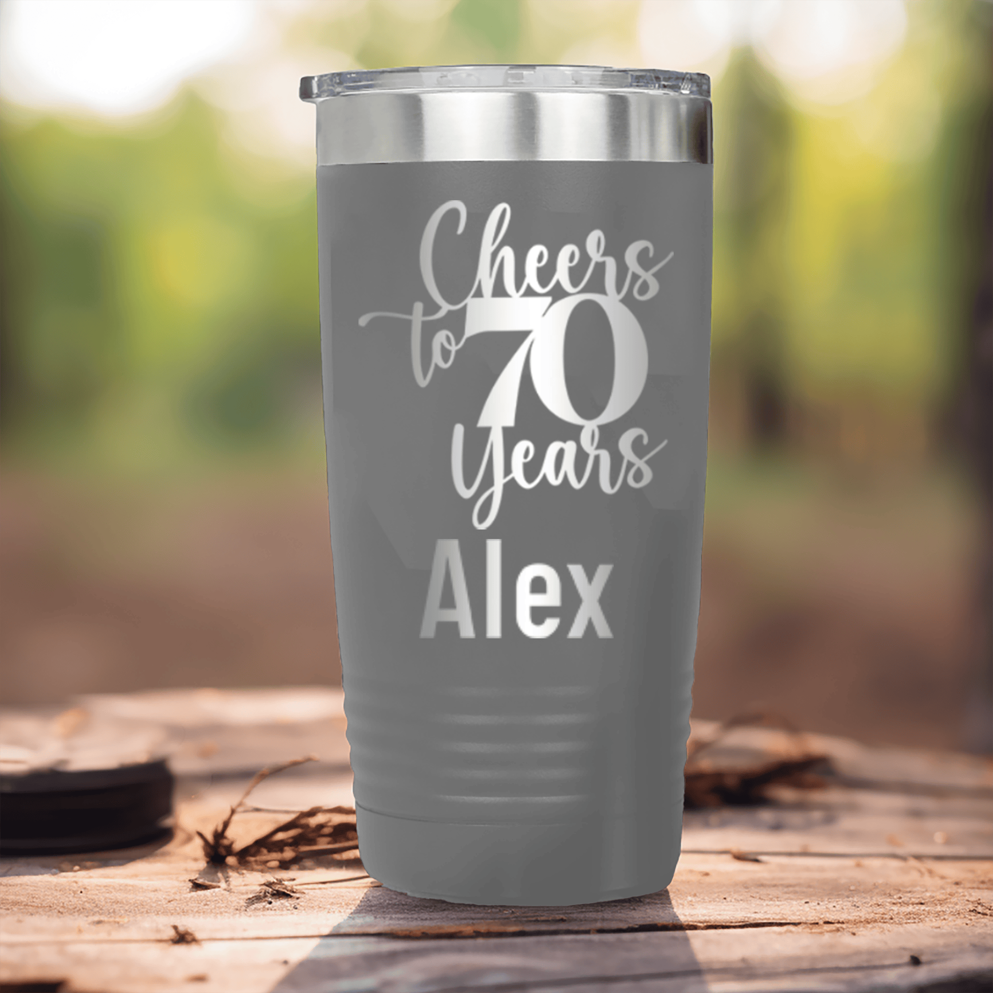 Grey Birthday Tumbler With Cheers To Seventy Years Design