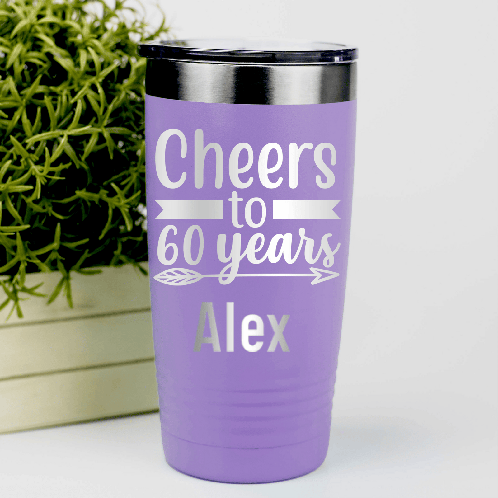 Light Purple Birthday Tumbler With Cheers To Sixty Arrow Design
