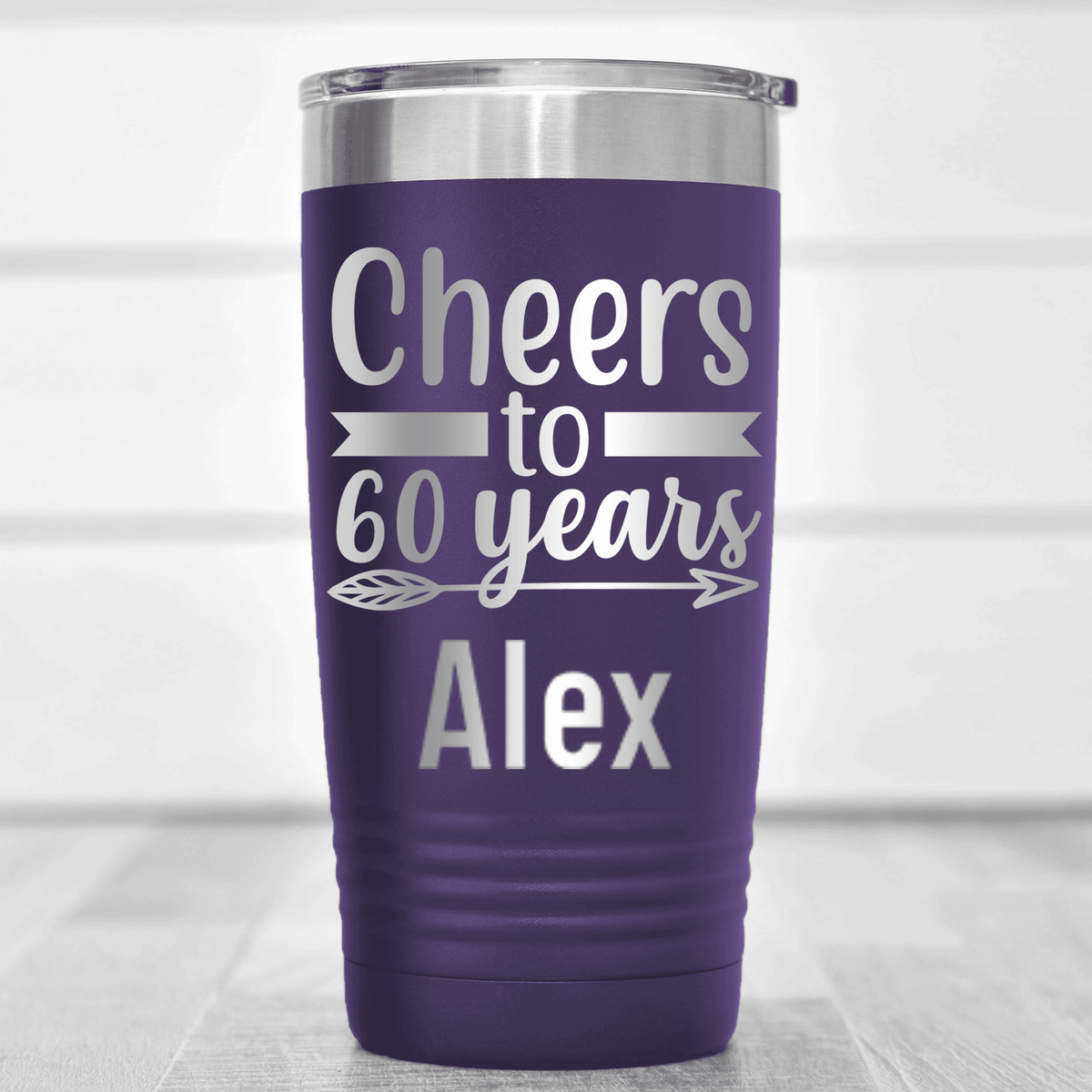 Purple Birthday Tumbler With Cheers To Sixty Arrow Design