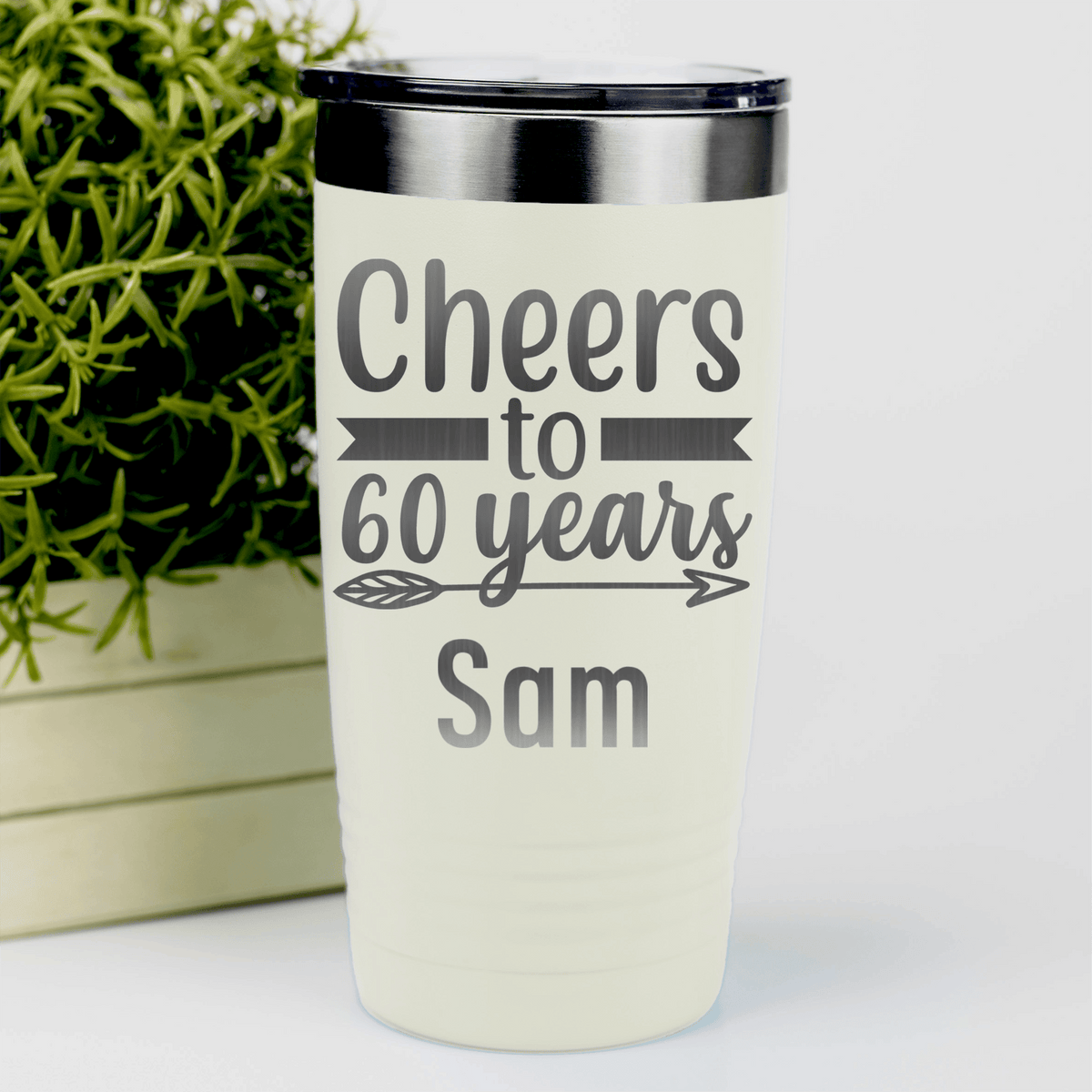 White Birthday Tumbler With Cheers To Sixty Arrow Design