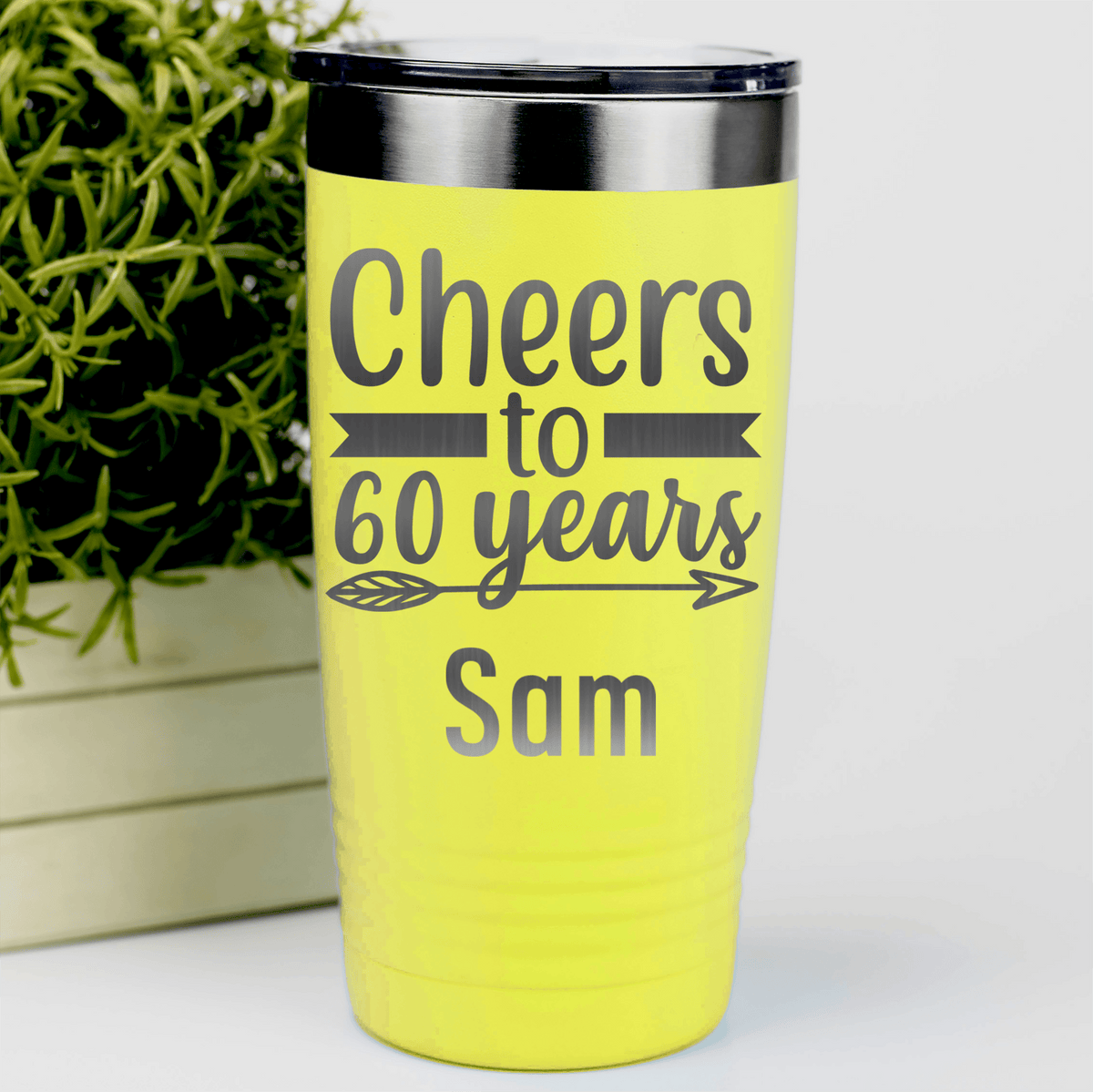 Yellow Birthday Tumbler With Cheers To Sixty Arrow Design
