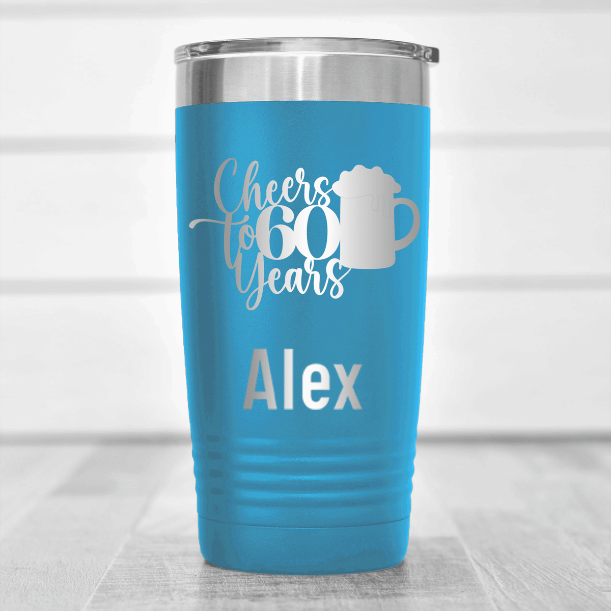 Light Blue Birthday Tumbler With Cheers To Sixty Beer Design