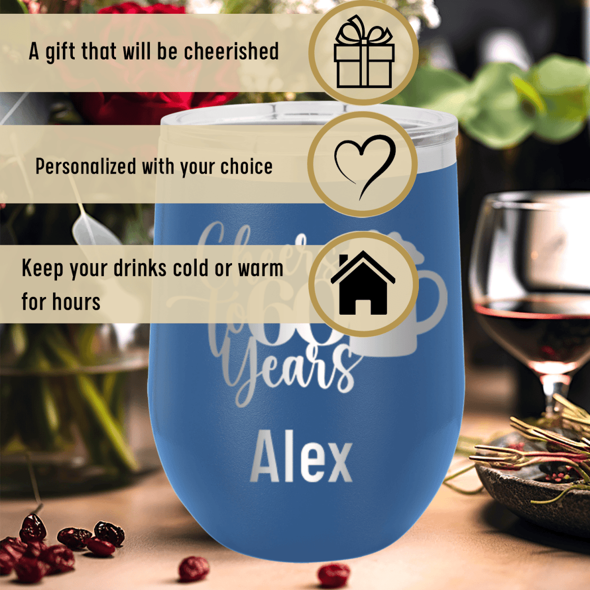 Personalized Cheers To Sixty Beer Wine Tumbler for her, Customized Gifts for Women by Groovy Girl Gifts