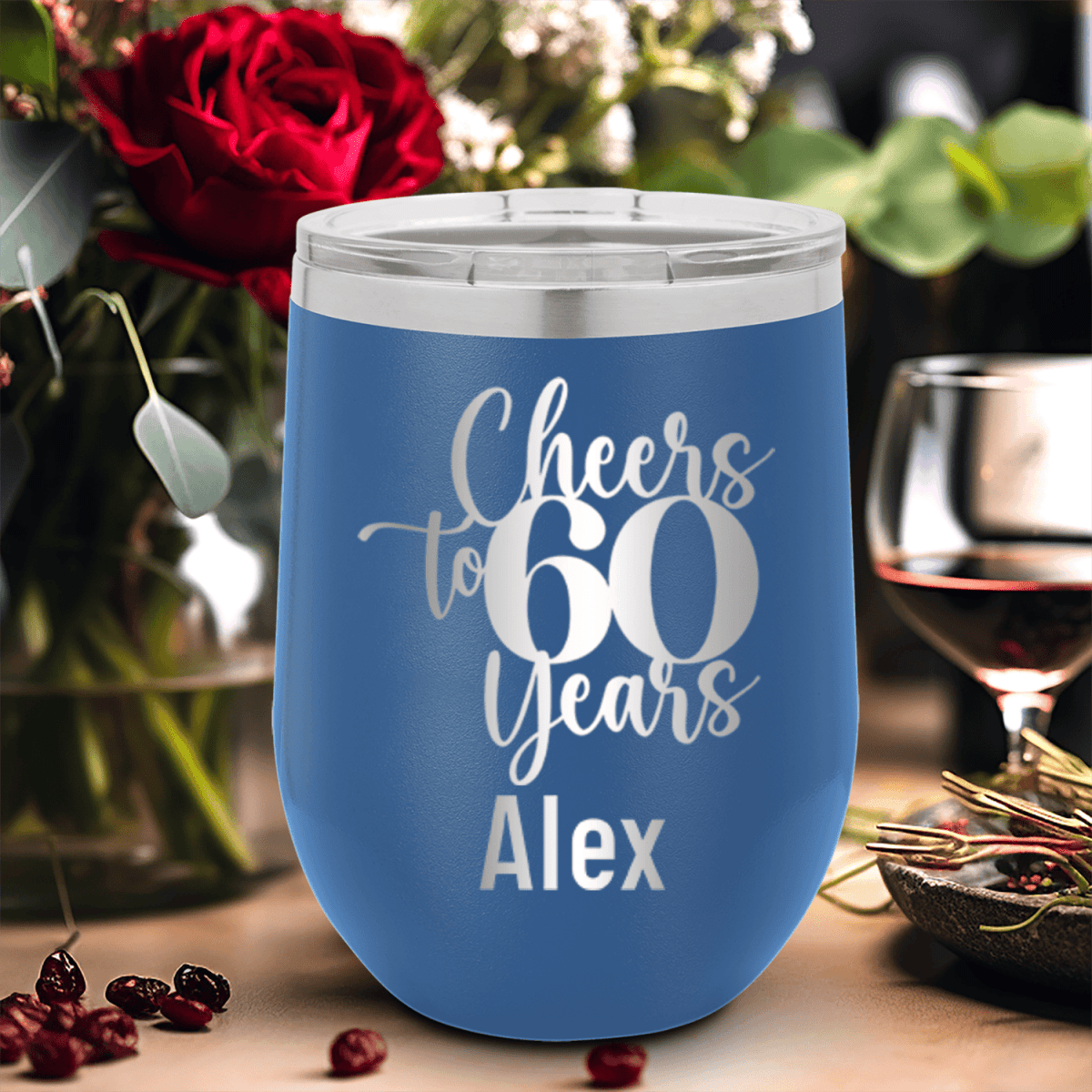 Personalized Cheers To Sixty Years Wine Tumbler for her, Customized Gifts for Women by Groovy Girl Gifts