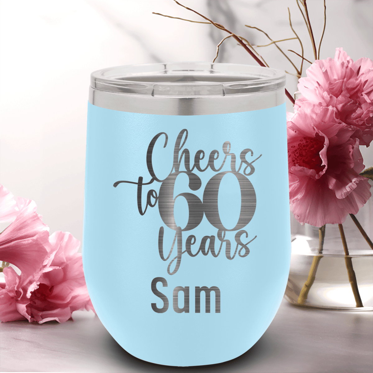 Personalized Cheers To Sixty Years Wine Tumbler for her, Customized Gifts for Women by Groovy Girl Gifts