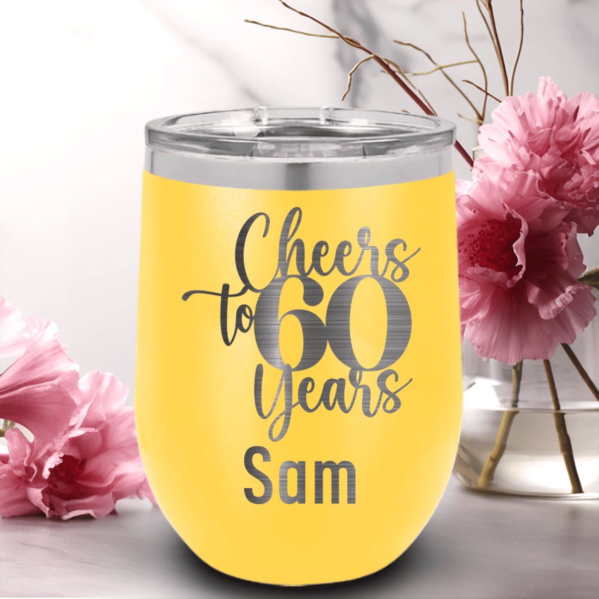 Personalized Cheers To Sixty Years Wine Tumbler for her, Customized Gifts for Women by Groovy Girl Gifts