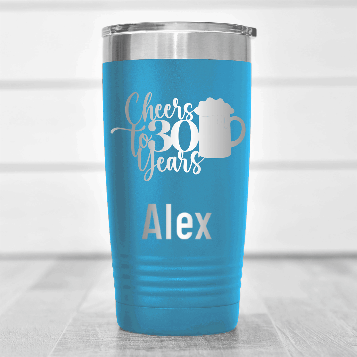 Light Blue Birthday Tumbler With Cheers To Thirty Beer Design