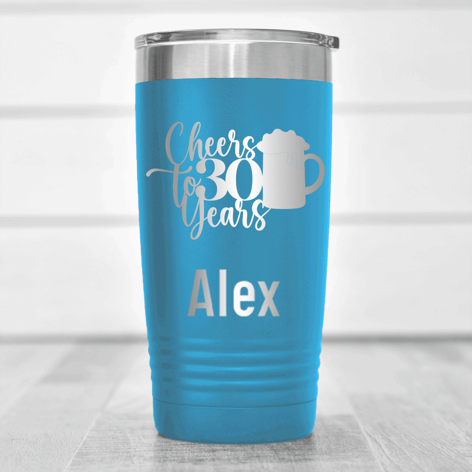 Light Blue Birthday Tumbler With Cheers To Thirty Beer Design