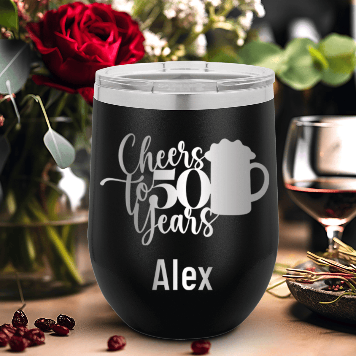 Black Birthday Wine Tumbler With Cheers To 50 Years Beers Design
