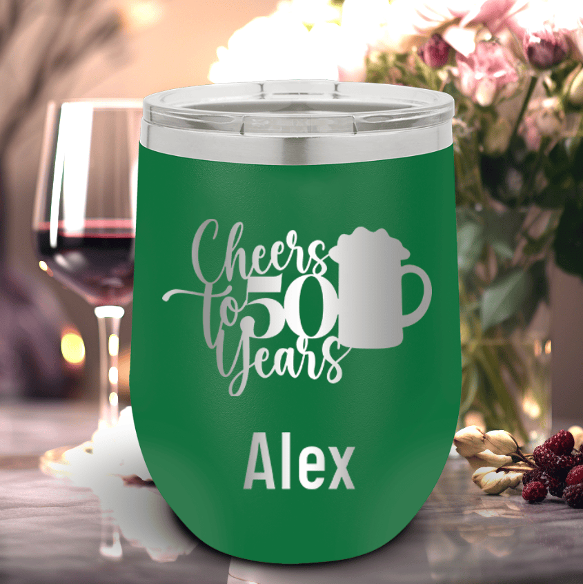 Green Birthday Wine Tumbler With Cheers To 50 Years Beers Design