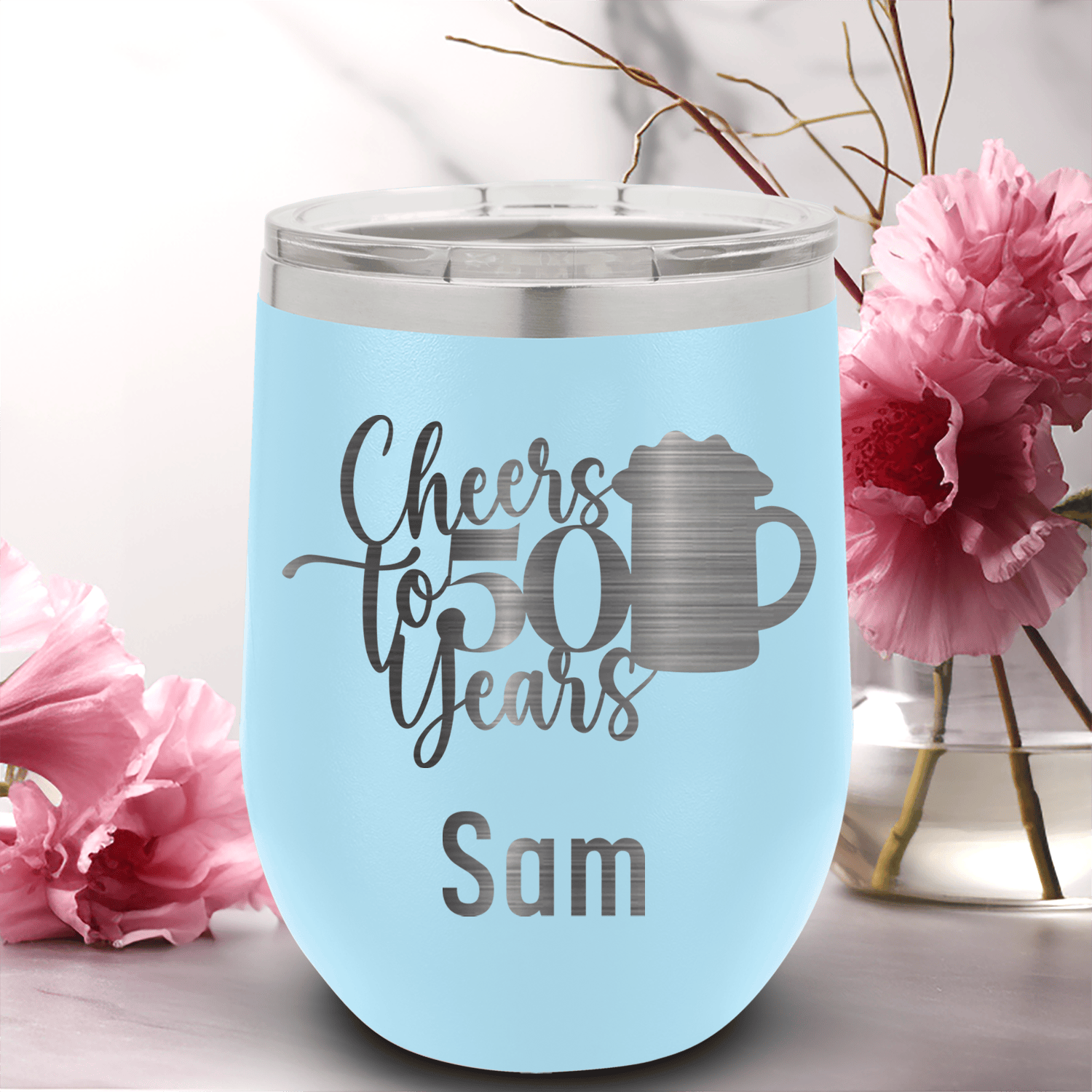 Light Blue Birthday Wine Tumbler With Cheers To 50 Years Beers Design