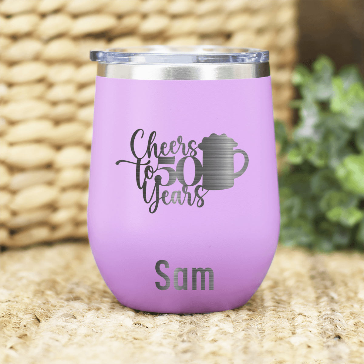 Light Purple Birthday Wine Tumbler With Cheers To 50 Years Beers Design