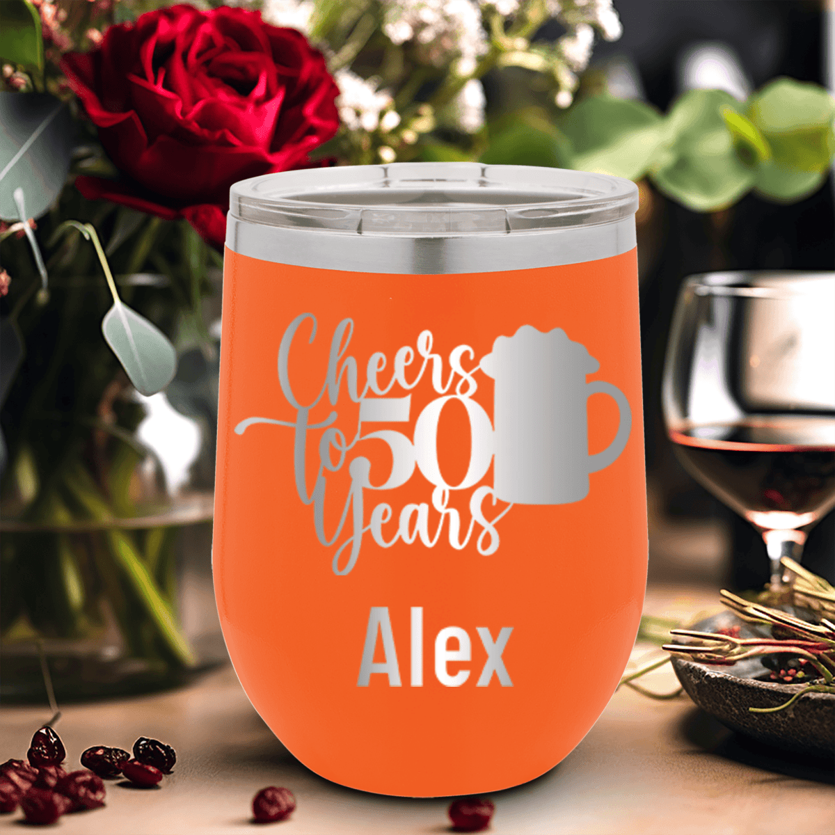 Orange Birthday Wine Tumbler With Cheers To 50 Years Beers Design