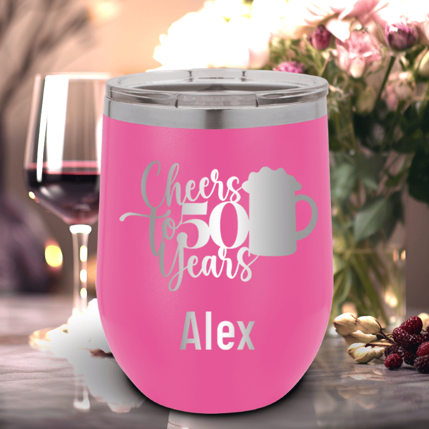 Pink Birthday Wine Tumbler With Cheers To 50 Years Beers Design