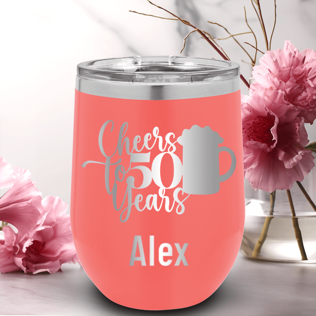 Salmon Birthday Wine Tumbler With Cheers To 50 Years Beers Design