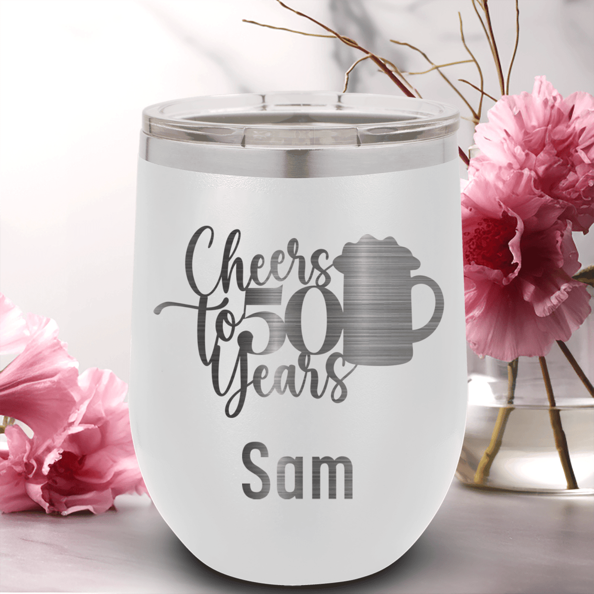 White Birthday Wine Tumbler With Cheers To 50 Years Beers Design