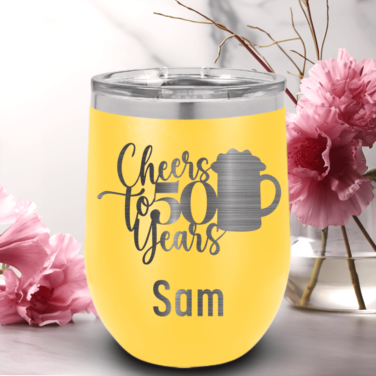 Yellow Birthday Wine Tumbler With Cheers To 50 Years Beers Design