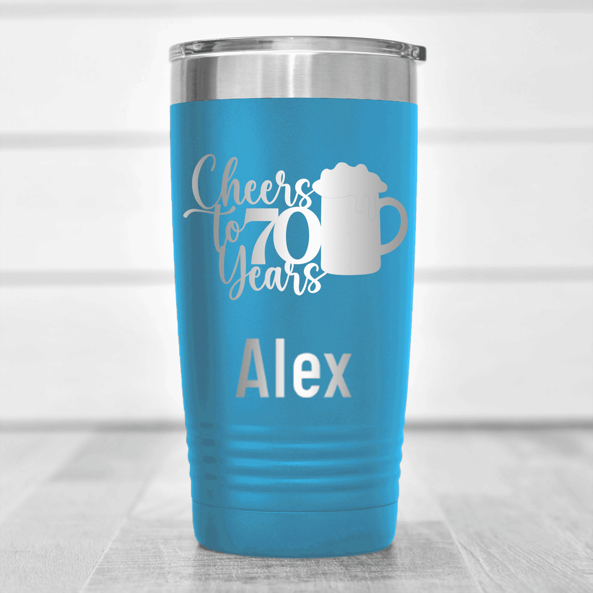 Light Blue Birthday Tumbler With Cheers To 70 Years Beer Design