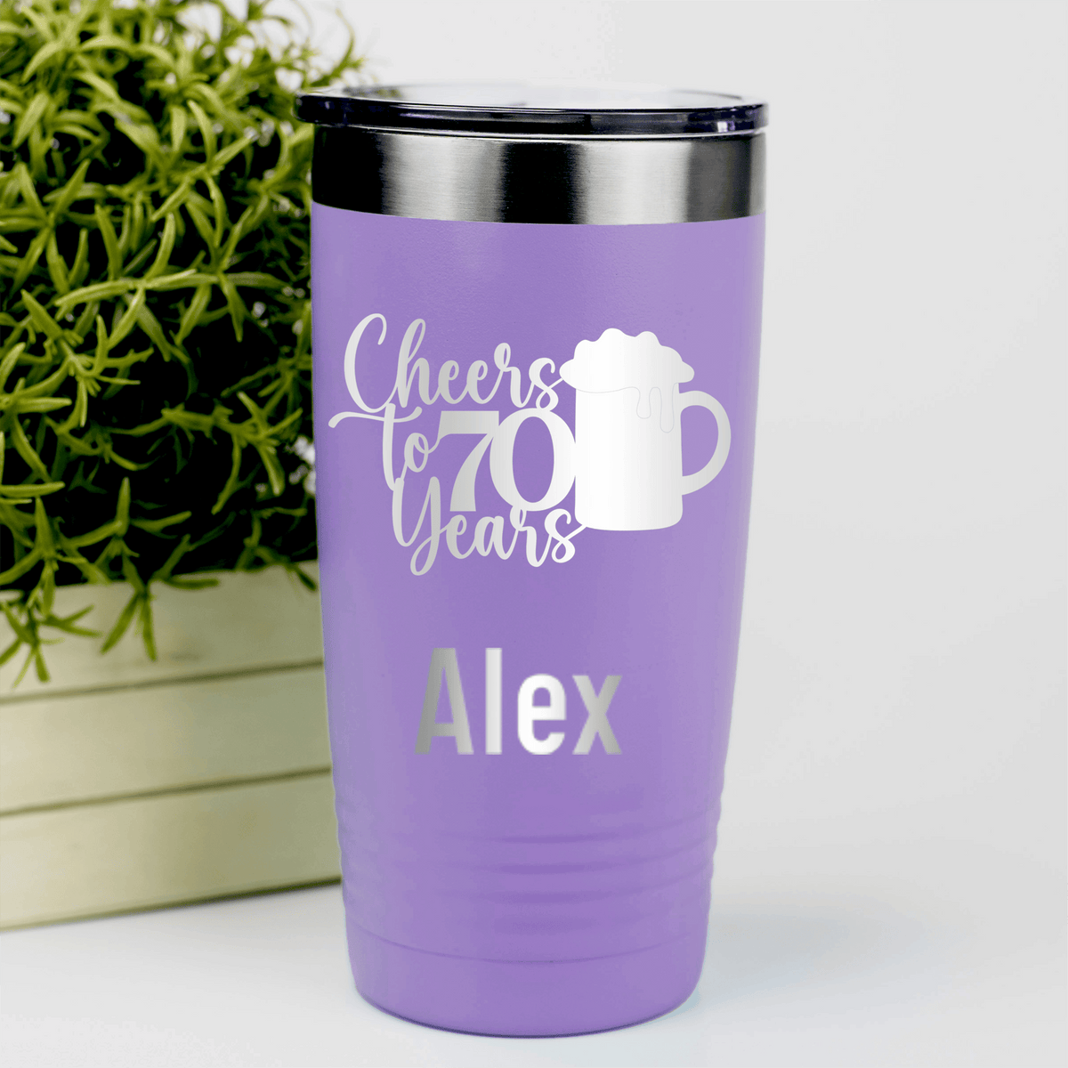Light Purple Birthday Tumbler With Cheers To 70 Years Beer Design