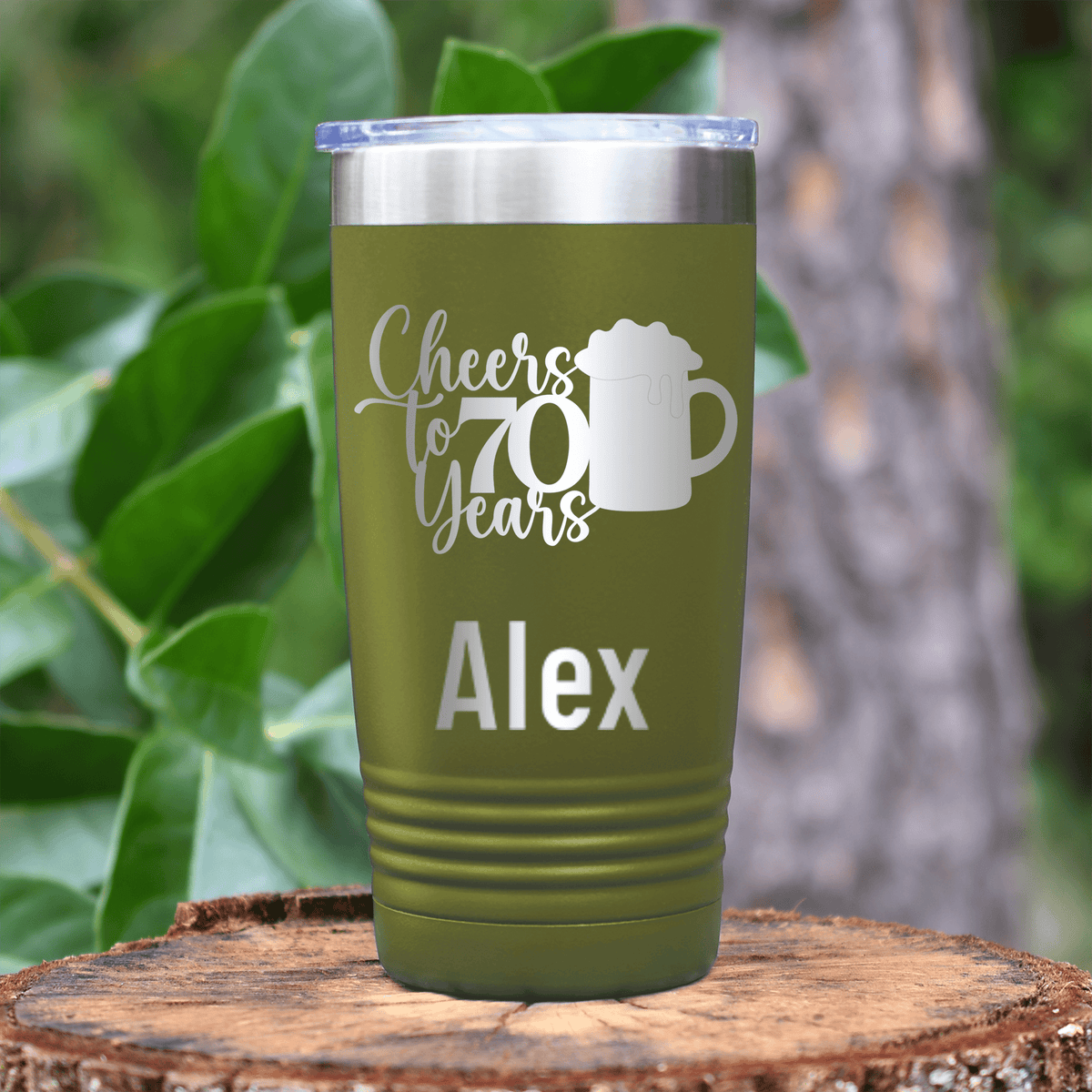 Military Green Birthday Tumbler With Cheers To 70 Years Beer Design