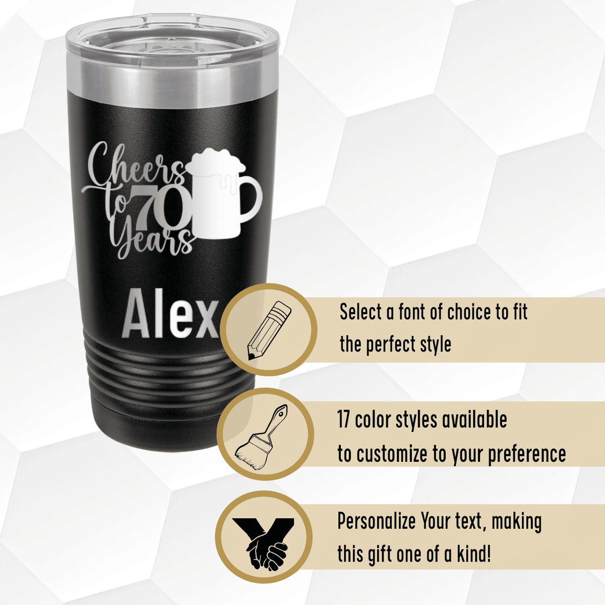 Personalized Cheers to 70 Years Beer Tumbler for her, Customized Gifts for Women by Groovy Girl Gifts