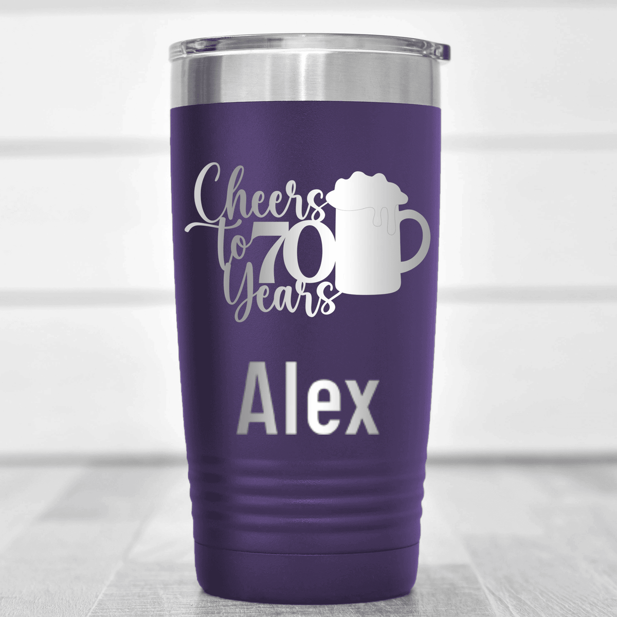 Purple Birthday Tumbler With Cheers To 70 Years Beer Design