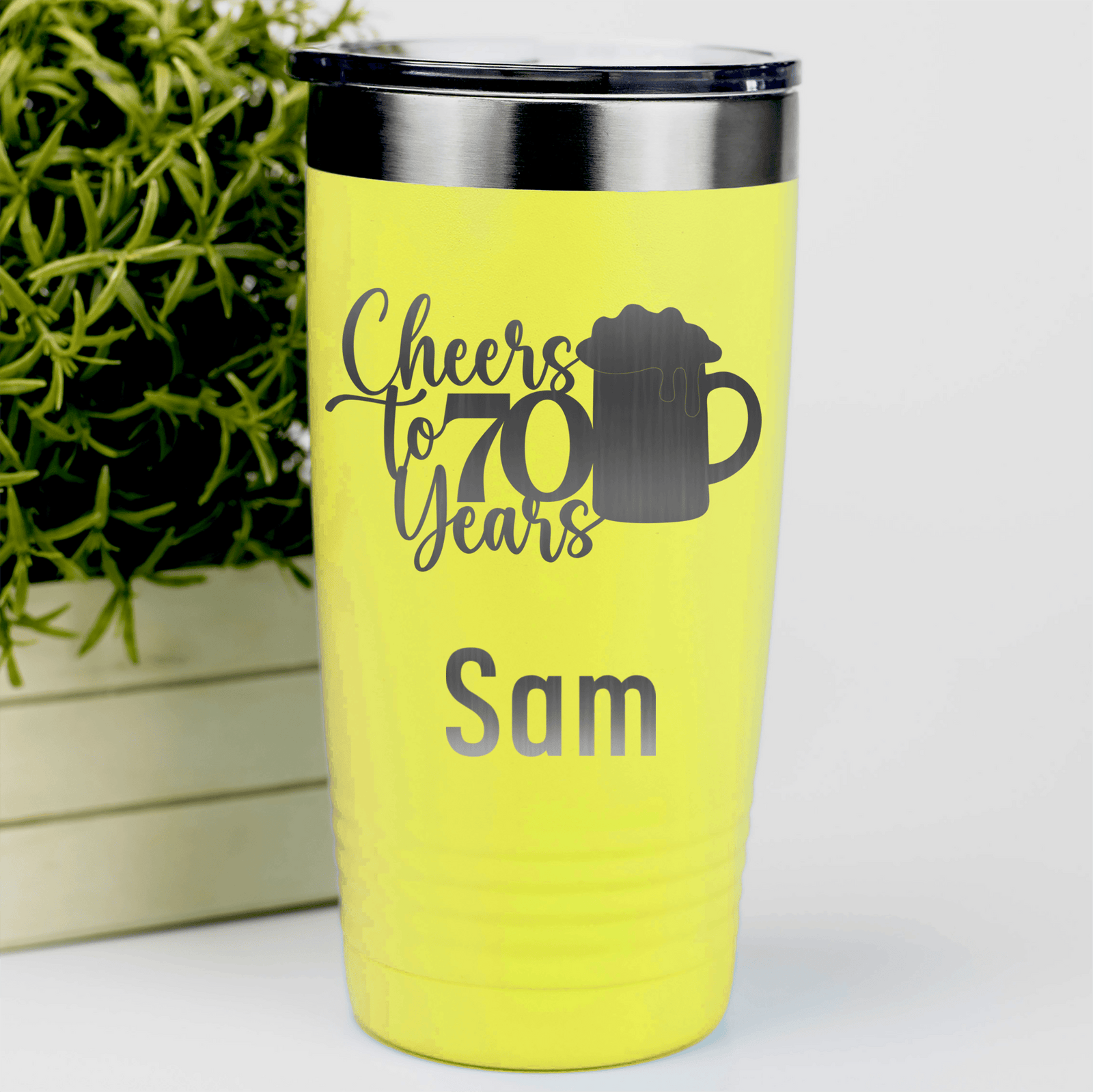 Yellow Birthday Tumbler With Cheers To 70 Years Beer Design