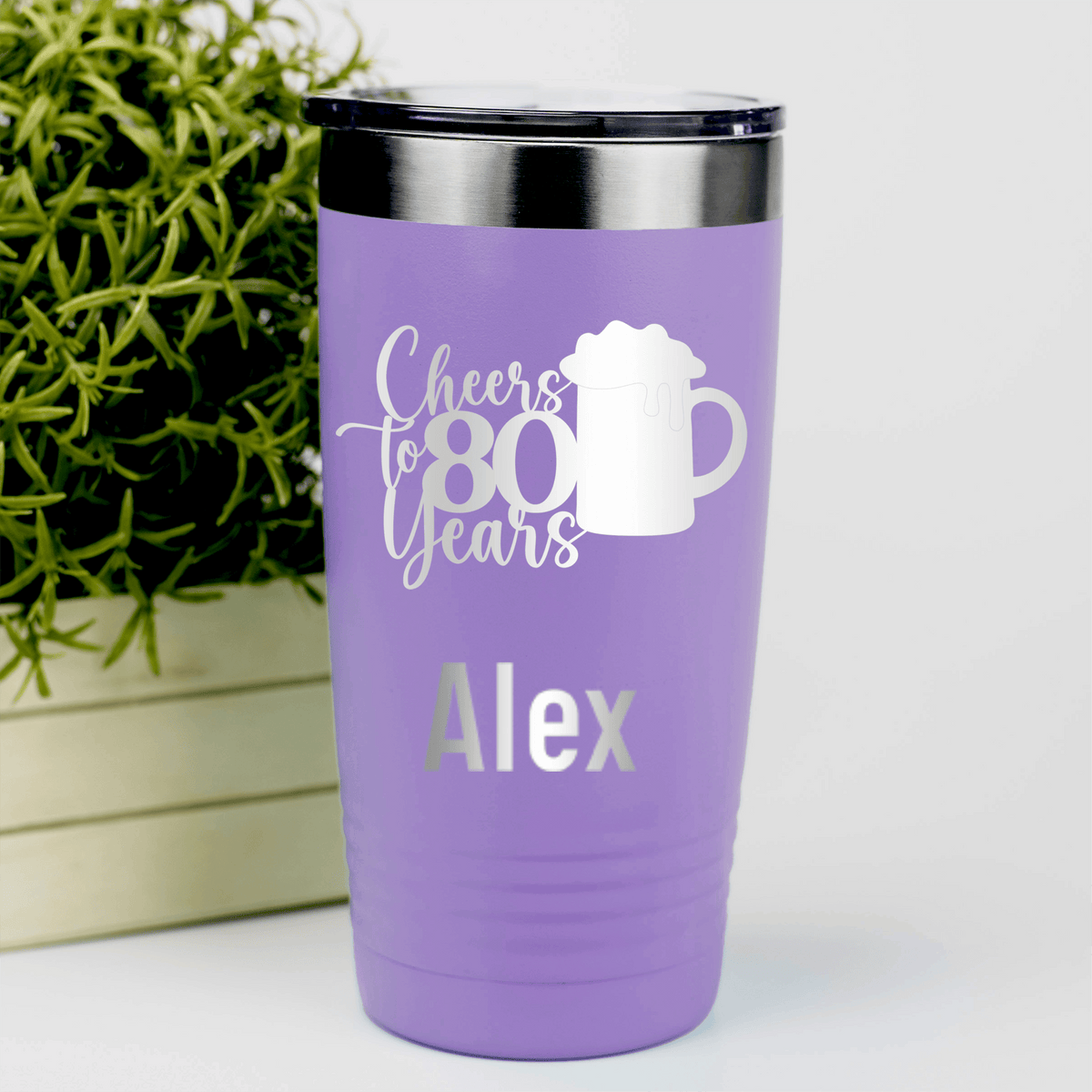 Light Purple Birthday Tumbler With Cheers To 80 Years Beer Design