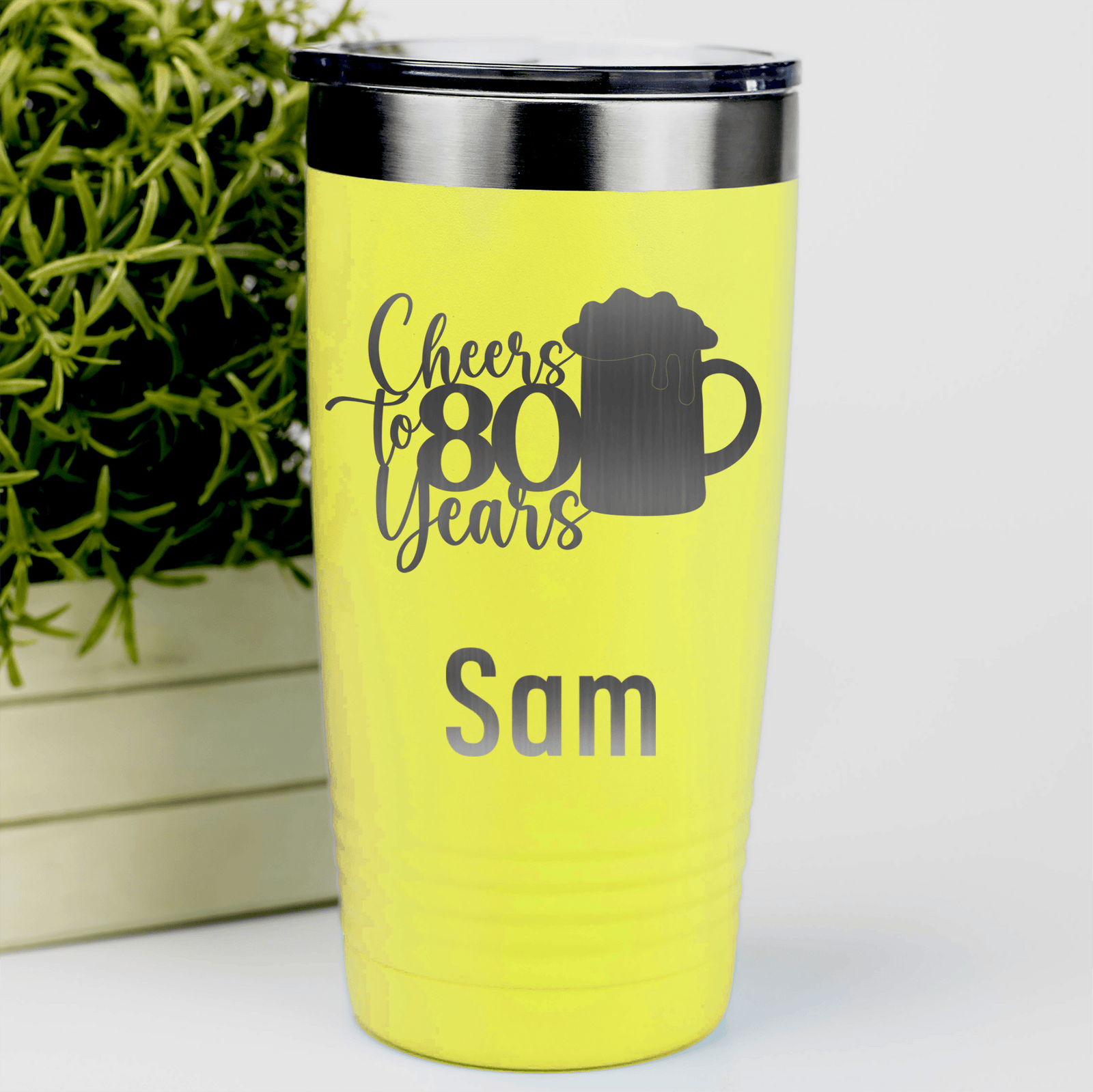 Yellow Birthday Tumbler With Cheers To 80 Years Beer Design