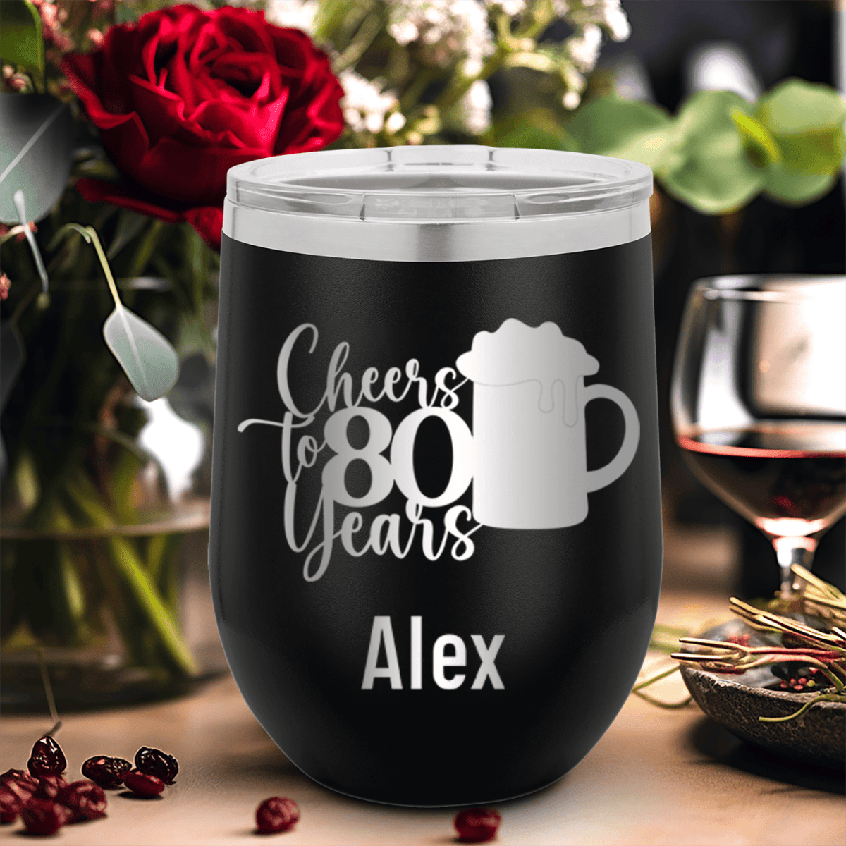 Black Birthday Wine Tumbler With Cheers To 80 Years Beer Design